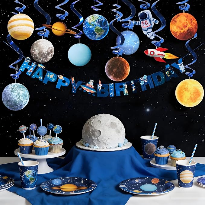 SUNBEAUTY Solar System Birthday Party Decorations Outer Space Happy Birthday Banner Planet Rocket Astronaut Hanging Swirls for Kids Baby Shower First Trip Around The Sun School Supplies