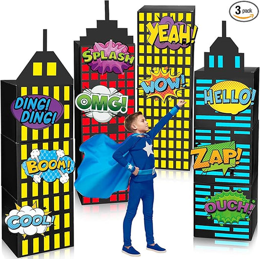 Large Super Theme Hero Party Photography Backdrop for Hero Birthday Decorations Skyscraper Decor Boxes Include 12 Skyscraper Boxes 10 Stickers 3 Roof Decor for Super Theme Party Supplies(Hero 25 Pcs)