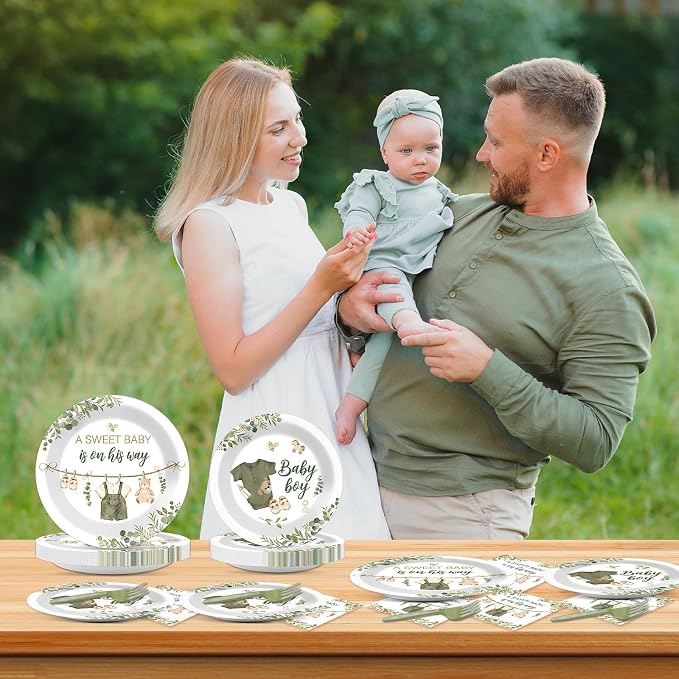 200Pcs Greenery Baby Shower Plates and Napkins Decoration Sage Green Party Tableware Dinnerware Set A Sweet Baby Is On His Way Paper Plates for Baby Gender Reveal Party Supplies Serves 50