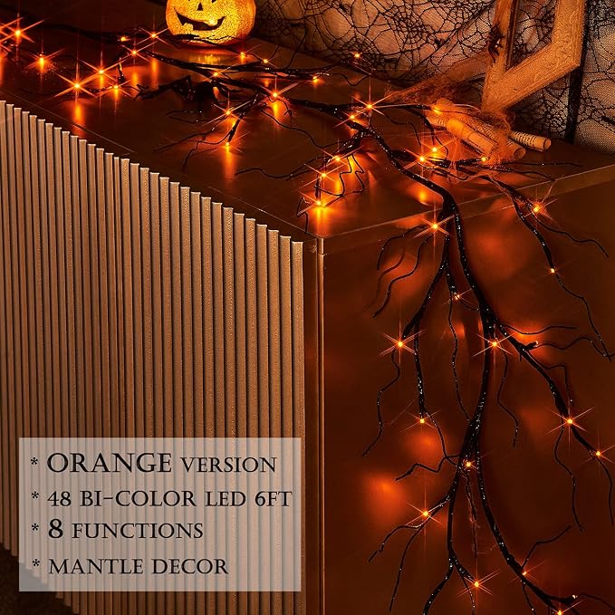 LITBLOOM Lighted Black Glittered Garland with 48 Orange and Purple Bi-Color Lights, Halloween Garland with Lights 8 Functions 6FT Battery Operated for Home Party Halloween Decoration Indoor Outdoor