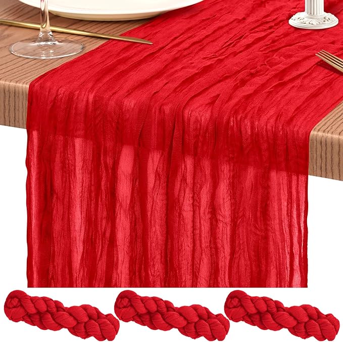 3 Pack Cheesecloth Table Runner 10FT Red Table Runner Boho Gauze Cheese Cloth Table Runners Long Rustic Sheer Table Decorations for Wedding Party Baby Bridal Shower Birthday Holiday Home
