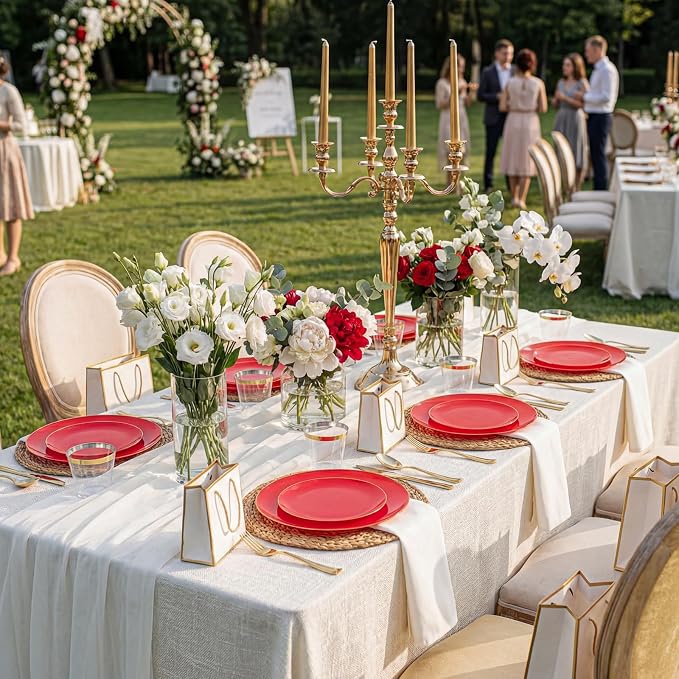 WDF 150Pcs Red Plastic Plates - Red Plates Disposable 25Guest Dinnerware Include 25 Dinner Plate, 25 Dessert Plate, 75 Cutlery & 25 9oz Cups for Wedding/Birthday/Bridal Shower