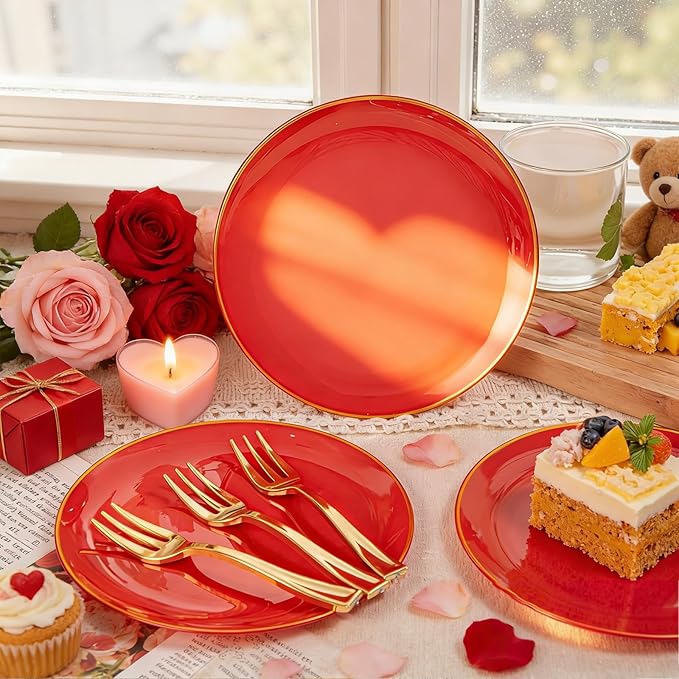 Festiva 200Pcs Red Gold Dessert Plates 6.3" with Plastic Forks 5"-Small Disposable Plates- Dessert/Cake/Appetizer Plastic Plates include 100Plates 100Forks for Birthday Party&July 4th