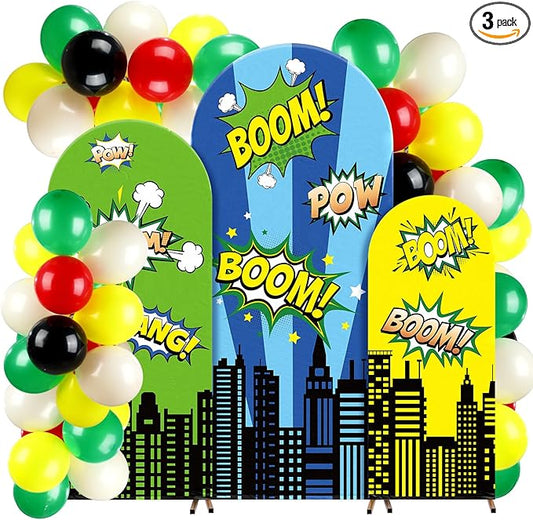 Tudomro 3 Pcs Hero Party Backdrop Cover Hero Party Decoration City Arch Backdrops Cover with Balloons Skyline Buildings City Boom Photo Background Children Birthday Decor