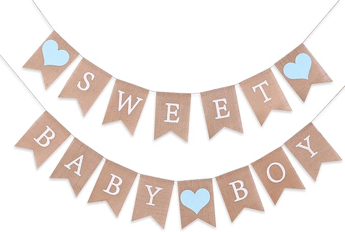 Sweet Baby Boy Burlap Banner - Rustic Baby Shower Decorations, Photo Props (Sweet Baby Boy Blue)