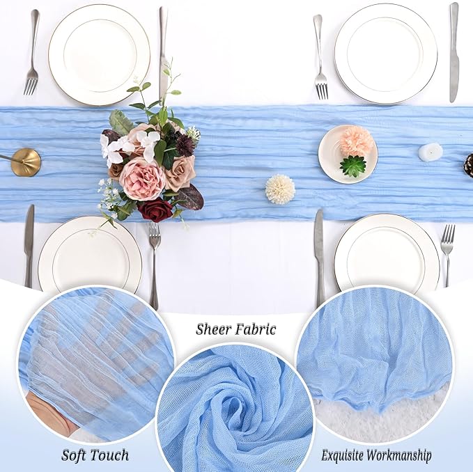 12 Pack Light Blue Cheesecloth Table Runner 120 inch Fall Thanksgiving Boho Rustic Gauze Farmhouse 10FT Cheese Cloth Runner for Baby Shower Wedding Party Holiday Home Decor