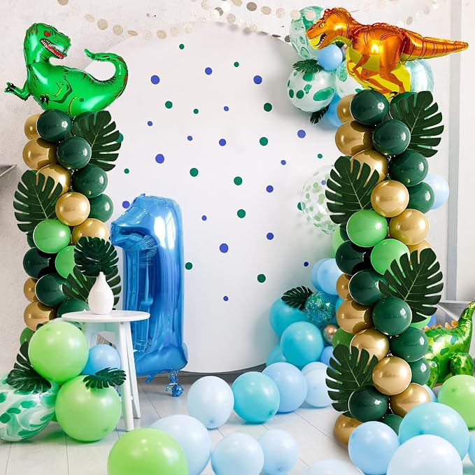 2 Sets Dinosaur Balloon Column Stand Kits Adjustable Green Gold Balloons Column Kit with Monstera Jungle Dinosaur Themed Tower Stand Kit for Dinosaurs Birthday Kids Baby Shower Party Supplies