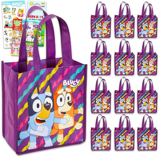 Bluey Party Favor Bag Set - 12 Reusable Totes, Stickers and More | Bluey Birthday Party Supplies for Kids