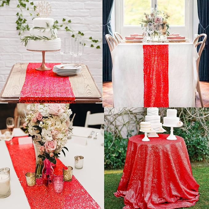 12 Packs 12 X 108 Inch Red Sequin Table Runner Glitter Dining Table Runner for Birthday Wedding Engagement Bridal Baby Shower Bachelorette Holiday Celebration Party Supplies Decorations (Red)