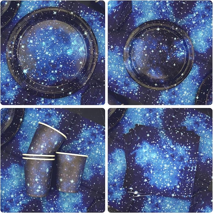 Space Galaxy Party Supplies, Includes Happy Birthday Banner, Plates, Cupcake Topper Napkins, Cups, Tablecloth, Balloons, for 20 Guests Galaxy Outer Space Theme Birthday Party Decoration