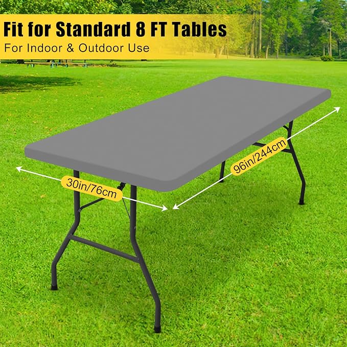 Smiry 3 Pack Rectangle Table Cloth, Elastic Fitted Flannel Backed Vinyl Tablecloths for 8ft Folding Tables, Waterproof Wipeable Table Covers for Indoor, Outdoor, Camping and Picnic (Grey, 30"x96")
