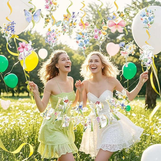 SUNBEAUTY Wildflowers Butterfly Birthday Decorations Garden Flower Happy Birthday Banner with Floral Hanging Swirls Wildflower Party Decorations for Women Girls Baby Shower Wedding Tea Party