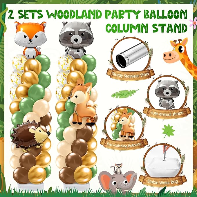 2 Sets Woodland Animals Baby Shower Balloon Column Stand Kit Sage Green and Brown Balloon Arch Garland Kit for Birthday Party Neutral Forest Gender Reveal Cartoon Baby Shower Decoration