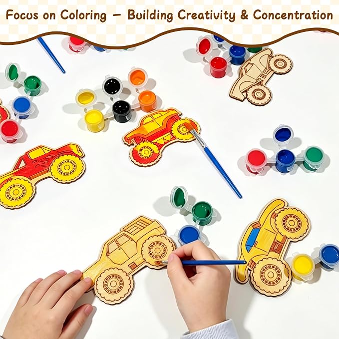 HandTool Monster Truck Party Favors, 24 PCS DIY Wooden Truck Painting Crafts Kit for Kids with Paints & Magnets, Bubble Wands, Cards and Gift Bags, Monster Truck Birthday Supplies Classroom Rewards
