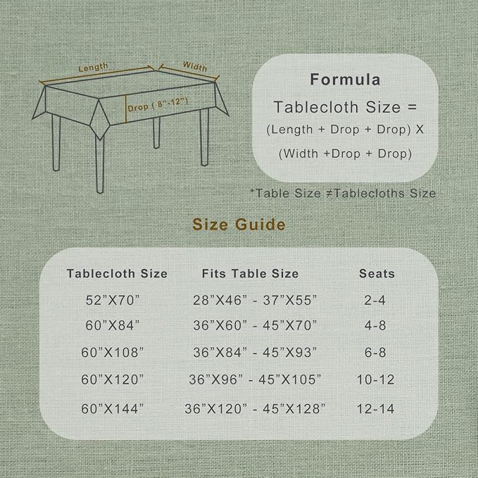 TOSMO 100% French Linen Tablecloth, Washable Farmhouse Rectangle Table Cloth for Kitchen, Dining, Party, Cocktail, Indoor and Outdoor Daily Use(52''x70'',Sage Green)