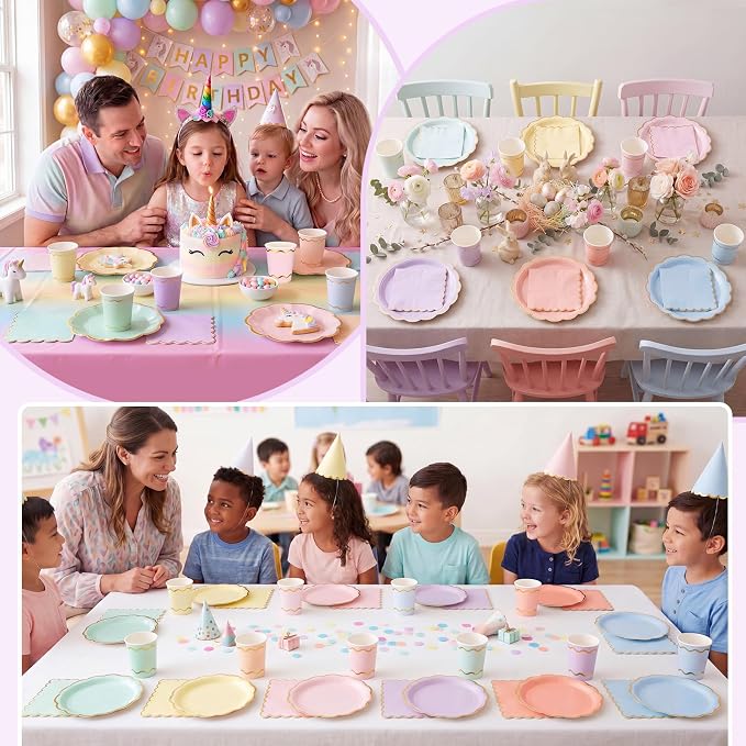Yungyan 108 Pcs 36 Guest Pastel Paper Plates and Napkins Sets Pastel Party Supplies Gold Foil Scalloped 6" Plates 9 oz Cups Disposable Tableware Set for Birthday Wedding Baby Shower Supplies