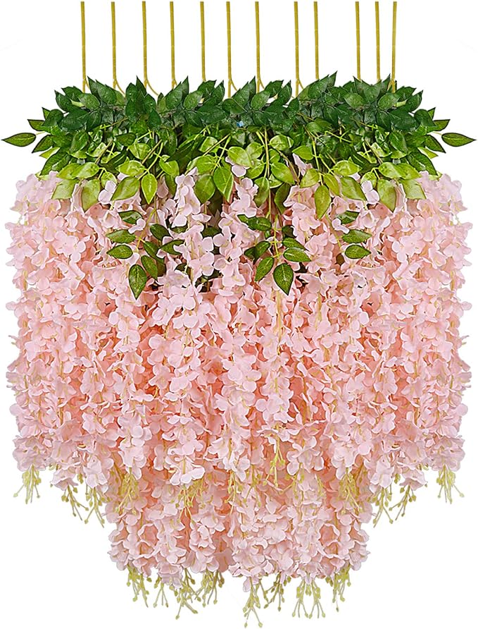 Pauwer 12 Pack (43.2 FT) Artificial Wisteria Vine Ratta Fake Wisteria Hanging Garland Silk Long Hanging Bush Flowers String Home Party Wedding Decor (12 Pack, Blush Peach)