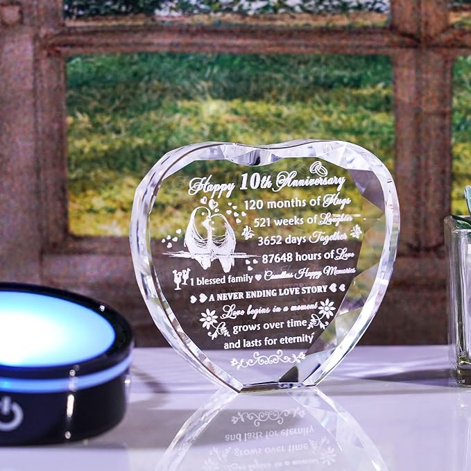 YWHL 10th Wedding Anniversary Crystal Heart Gifts for Couples with LED Base, Laser Engraved Happy 10th Anniversary Keepsake Gifts for Wife Husband, Romantic 10 Years of Marriage Gift for Her Him