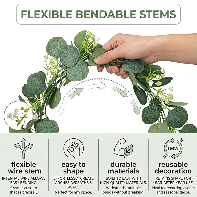 Artificial Eucalyptus Garland 8 Pack, Faux Eucalyptus Greenery Garland 6 ft, Realistic Eucalyptus Vine with Flowers for Wedding Table Centerpiece Mantel Fireplace Indoor Outdoor Decor