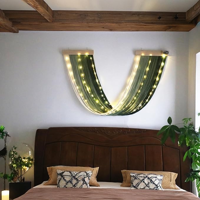 OakHaomie Macrame Fairy Lights Battery Operated with Remote,Large Macrame Wall Hanging with 20ft 100 LED String Lights,Green Gradient Warm White Light for Living Room,Bedroom,Christmas,Holiday Deco