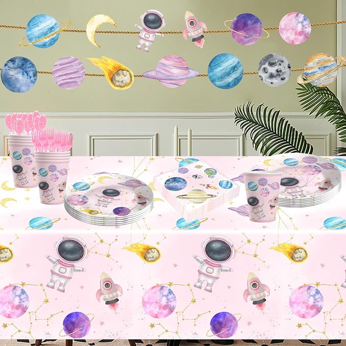 142PCS Space Theme Party Supplies For Girl, Birthday Paper Plates First Trip Around The Sun Astronaut Planet Cake Plate Tableware Dinner Set for Boys Girls Birthday Shower Forks