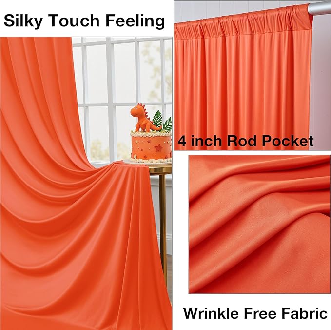 10ftx10ft Wrinkle Free Orange Backdrop Curtains for Parties, Silky Polyester Photo Backdrop Drapes 2 Panels 5x10ft Back Drop Cloth for Wedding Birthday Baby Shower Photography Background