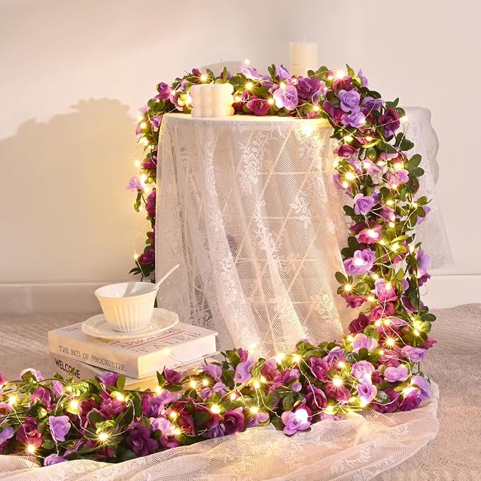 BLEUM CADE 5Pcs 41Ft Flower Garland Artificial Rose Vines with 32.8Ft String Lights, Cute Fake Hanging Flower Vines Floral Garland Decorations for Wedding Party Wall Room Decor Aesthetic