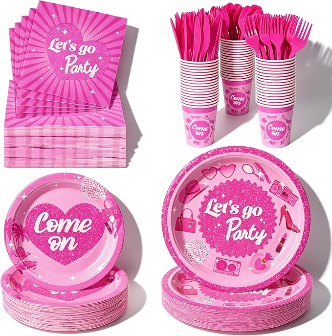 400 Pcs Disposable Let's Go Party Tableware Set for 50 Guests | Heavy-Duty 7" & 9" Paper Plates, Cups, 13" Napkins & Plastic Cutleryfor Wedding Bridal Shower Party Supplies