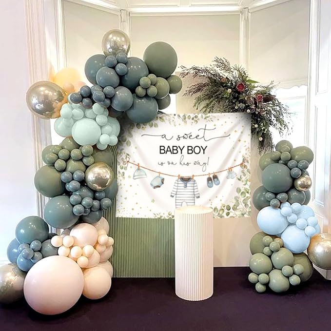 Greenery Baby Shower Decorations Boy A Sweet Baby Boy is On The Way Backdrop for Boy Birthday Party Decor Sage Green Balloons Oh Boy Baby Shower