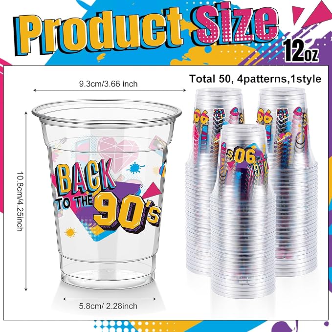 FoldTier 50 Pcs 90s Cups 12 oz Plastic Throwback Dance Glasses Clear Retro Music Disposable Glasses Hip Hop Drinking Cups for Home Retro Hip Hoptheme Party Favors Supplies Decoration (90s)