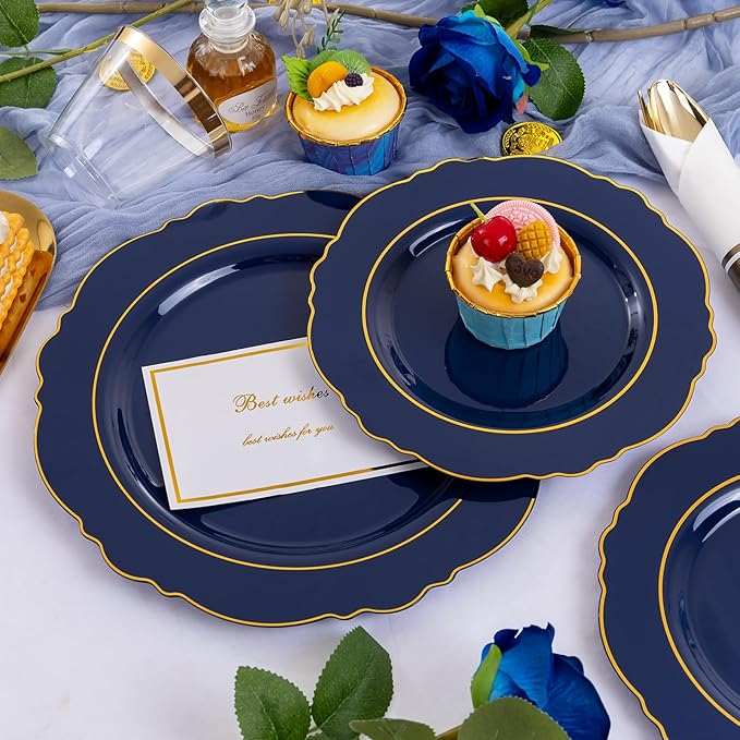 Liacere 350PCS Navy Blue Plastic Plates-Disposable Blue Gold Plates 50guest Plastic Dinnerware include 100Plates,50Pack Pre Rolled Napkins with Silverware 50Cups for Graduation & Memorial Day