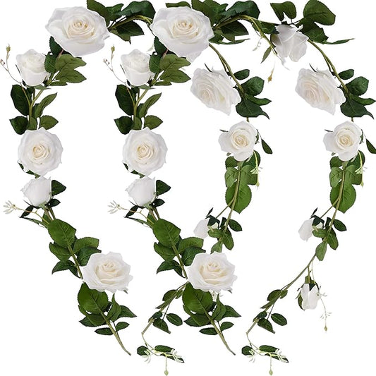 FiveSeasonStuff Floral White Artificial Silk Roses Flower Garland, Bendable Hanging Vine (2pcs, 11ft)