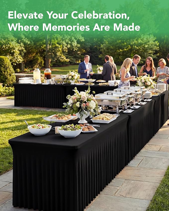 4 Pack Spandex Table Cover Skirts for 4 ft Rectangle Tables, Black Stretch Table Cloths with Floor-Length Ruffle, Elastic Fitted Skirted Tablecloth for Elegant Wedding Banquet Party Buffet Decoration