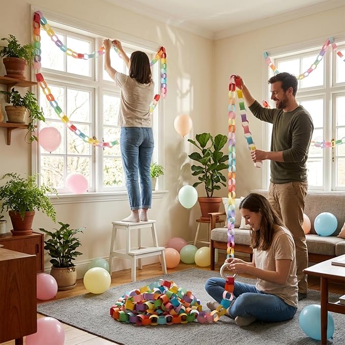 300 Paper Chain Garland Strips Kit with 59ft 72PCS Pennant Banner Flags & 30 Pack 12 in Balloons, Pre Cut Paper Chain Strips with 492ft Crepe Paper Streamers for Party Birthday Decoration