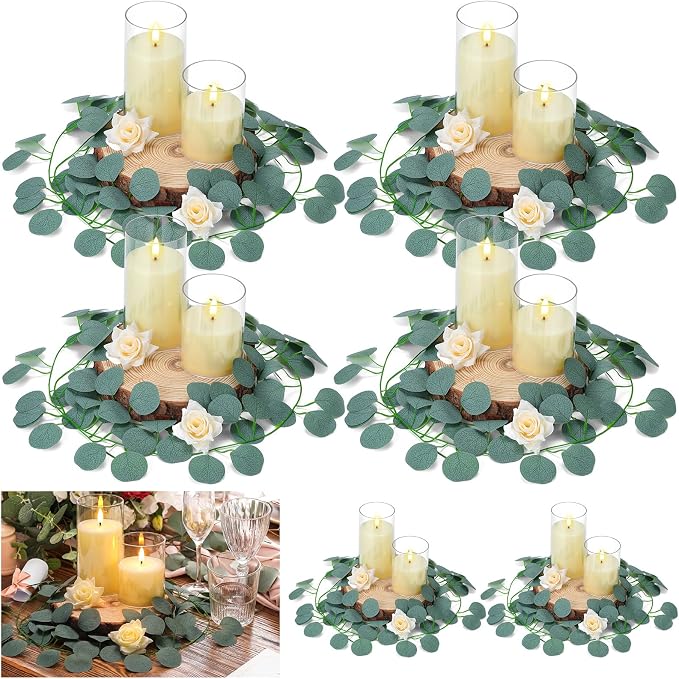 VIHOSE 36 Pcs Wooden Wedding Candle Centerpiece Includes 7.1"-7.9" Round Wood Slices, Eucalyptus Garlands, Flameless LED Candles and Artificial Roses for Wedding Country Farmhouse Table Decor, 6 Sets
