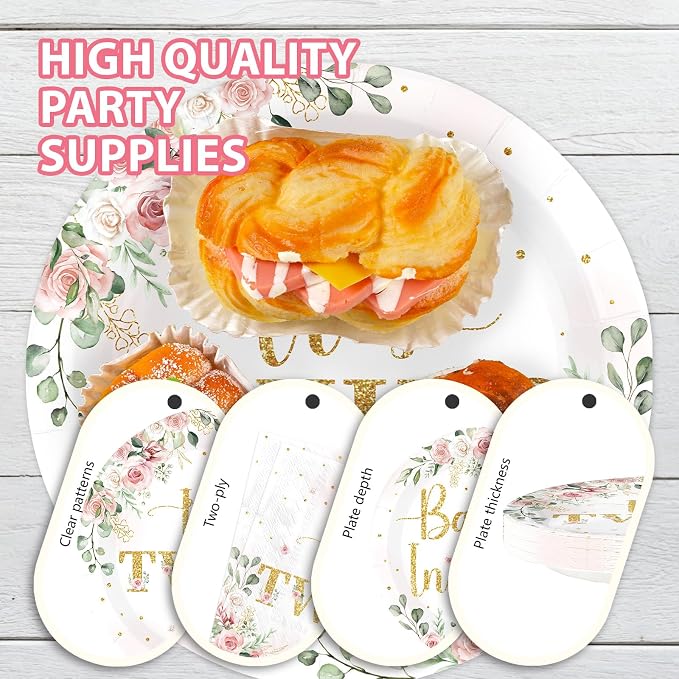 96Pcs Twins Baby Shower Party Decorations Wildflower Baby in Bloom Paper Plates and Napkins Pink Gold Floral It's Twins Disposable Tableware Set for Boys Girls Birthday Party Supplies, Serves 24