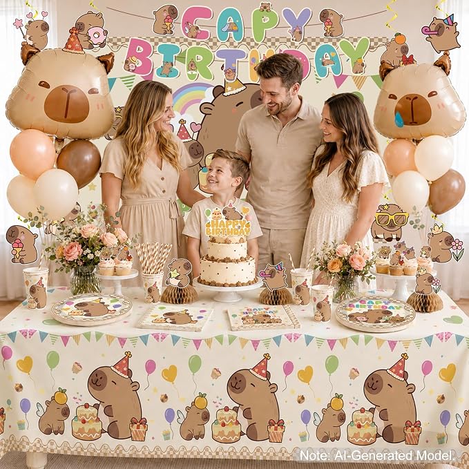222pcs Capybara Birthday Decorations-Serves 25, All-in-one Capybara Party Decorations with 350gsm Plate, Tablecloth, Backdrop, Centerpiece, Capybara Balloons, Banner, Cake Topper