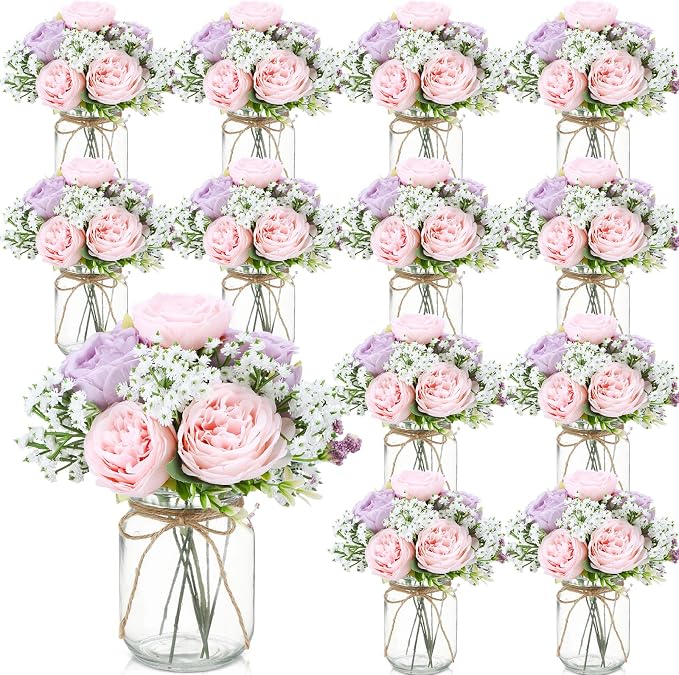 Zeyune 12 Sets Mason Jar Centerpiece Table Decorations, Artificial Peony Baby's Breath Flower Bouquets, Faux Flowers with Vase, Rustic Decor Gifts for Home, Wedding, Holiday (Purple,Pink)