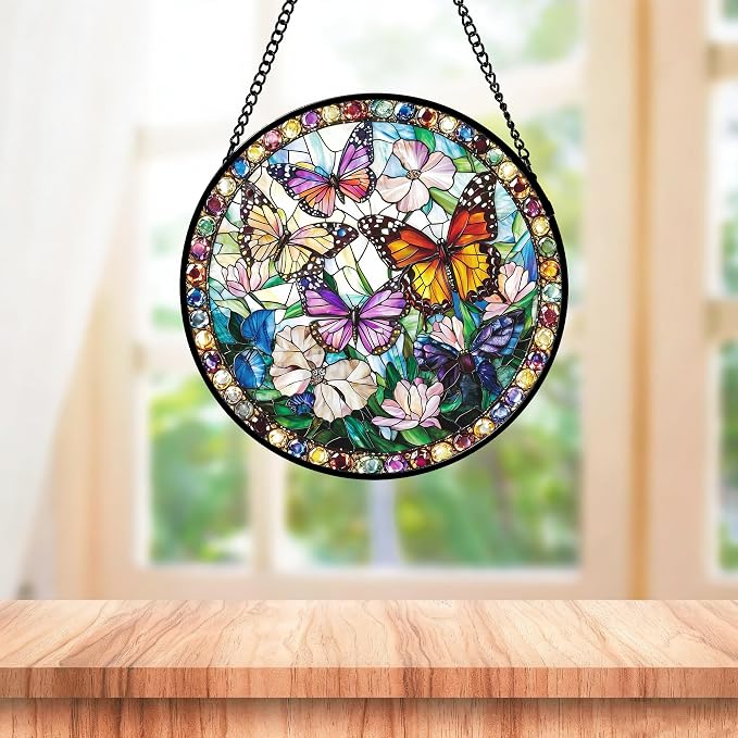 DASTOLL Stained Glass Window Hanging, Colorful Butterfly Suncatcher for Doors Home Sun Catchers Decoration and Christmas, Mother's Day Birthday Gifts for Women, Men, and Mom 11.8x11.8 in