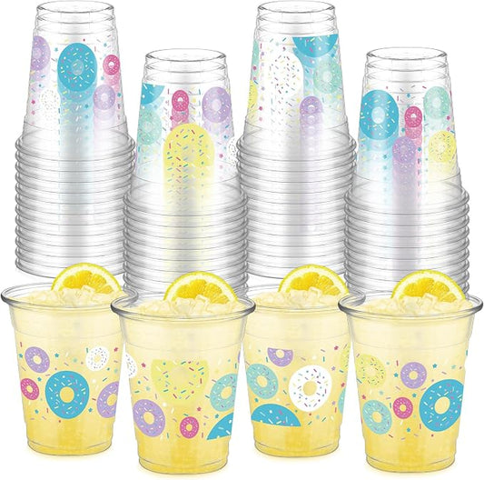 FoldTier 50 Pcs Donut Cups 12 oz Sprinkle Plastic Cups Clear Disposable Sweet One Glasses Doughnut Theme Glasses for Home Sprinkle Grow up Birthday Theme Party Favors Supplies Decoration (Donut)
