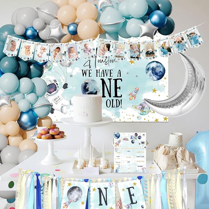 Space 1st Birthday Decorations - First Trip Around the Sun, Outer Space One Year Old Party Supplies Include Balloon Boxes, Backdrop, Balloon Arch, Highchair Banner