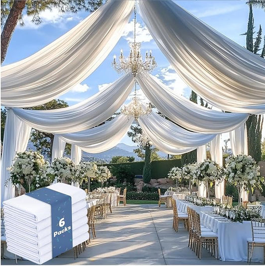 6Panels White Wedding Drapes, 5ftx20ft Wrinkle Free Tent Draping Curtains, Fabric Canopy Ceiling Drapes for Ceremony Birthday Theme Parties with Rod Pocket