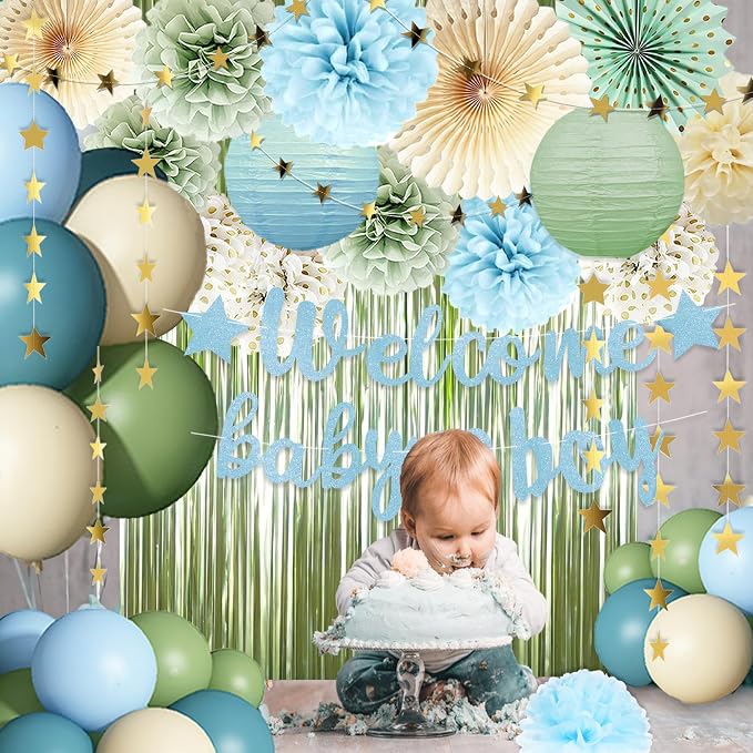 Dusty Blue Sage Green Baby Shower Decorations -Welcome Baby Boy Banner, Retro Sea-blue Green Balloons, 'Oh Baby' Cake Topper, Pom Poms Flowers Paper Fan For Birthday Jungle Boho Blue-Party Décor
