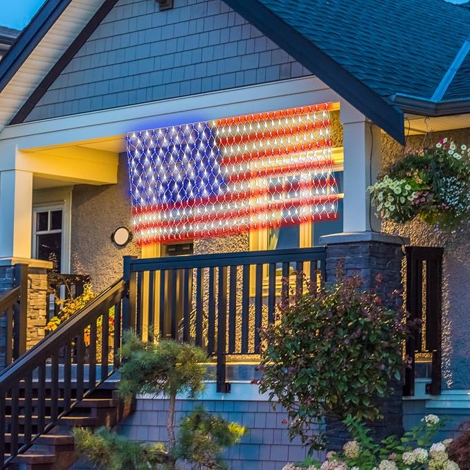 Solar American Flag Lights Outdoor420 LEDs US Flag Net Lights 6.5 x 3.28 Ft | Solar Flag Lights with Remote Dimmable Timer 8 Lights Modes for Independence/National/Memorial Day July 4th