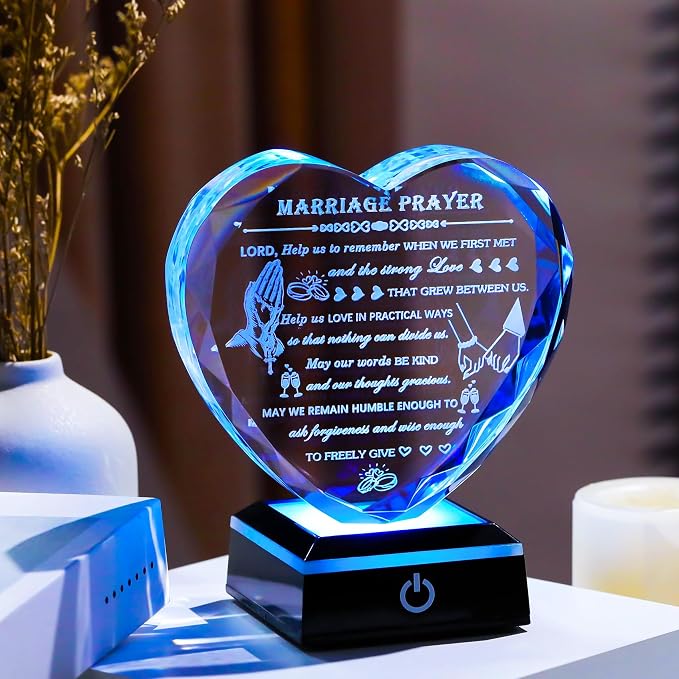 Arikyrist Wedding Gifts for Couples 2026 with Colorful LED Base Heart Happy Anniversary Marriage Prayer Gift with Inspiring Quotes Unique Newlywed Mr and Mrs Engagement Gift Bridal Shower Gifts