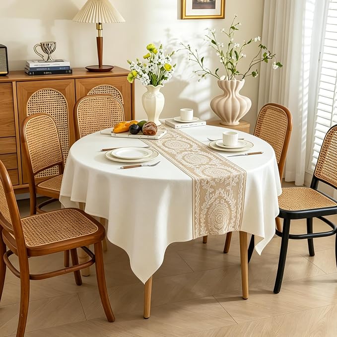 Round Tablecloth,Beige Linen Tablecloths Advanced Waterproofing Technology for Dinningroom,Farmhouse