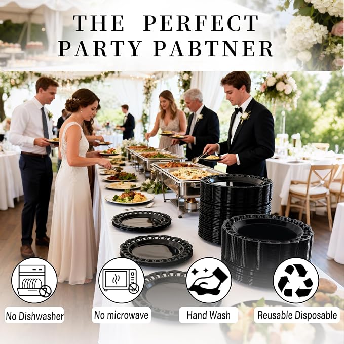 COLOSUS 60pcs Black Plastic Plates Set,Fancy Baroque Plates,Elegant Lace Rim Disposable Plates,Plastic Plate for Party include 30 Dinner plates and 30 Dessert plates for New Year,Party,Wedding