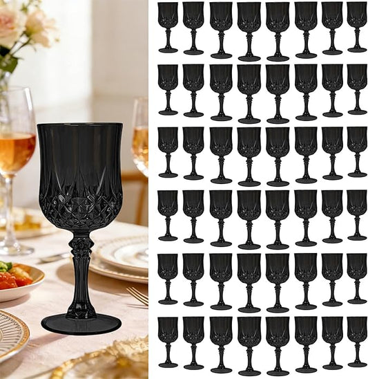 Teruntrue 48 Pcs Black Plastic Wine Glasses Vintage Wine Glass for Parties Crystal Plastic Goblets Drinking Glasses Reusable Drinkware for Wedding, Valentine’s Day, Parties, Grand Event