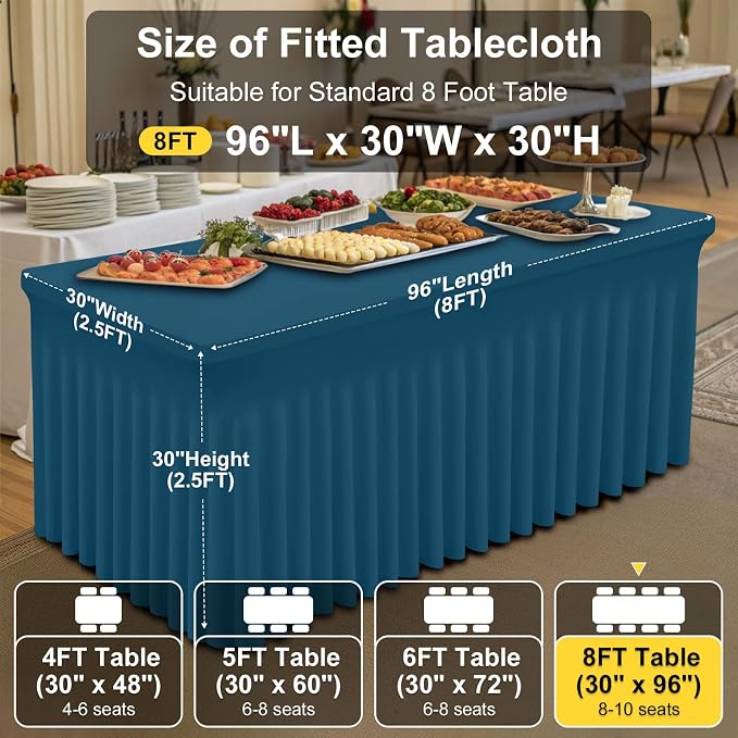 Smiry Spandex Tablecloth 2 Pack, Elastic Fitted Stretch Tablecloth for 8FT Rectangle Tables, Waterproof Washable Table Cover Skirt for Wedding, Banquet & Parties (Peacock Blue, 96Lx30Wx30H Inch)