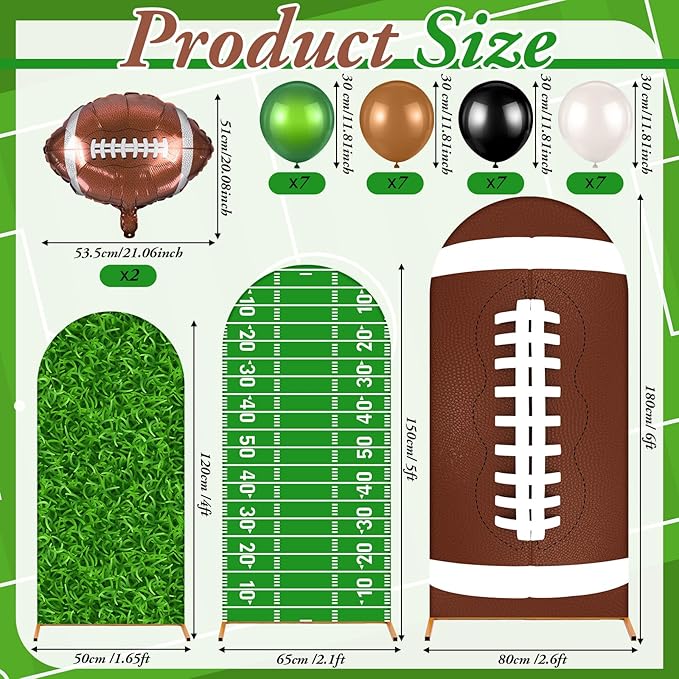 Foilswirl 34 Pieces Football Party Decorations 4ft 5ft 6ft Football Spandex Arch Backdrop Cover Dark Green Black Beige Brown Foil Balloons for Sports Game Birthday Party Decor